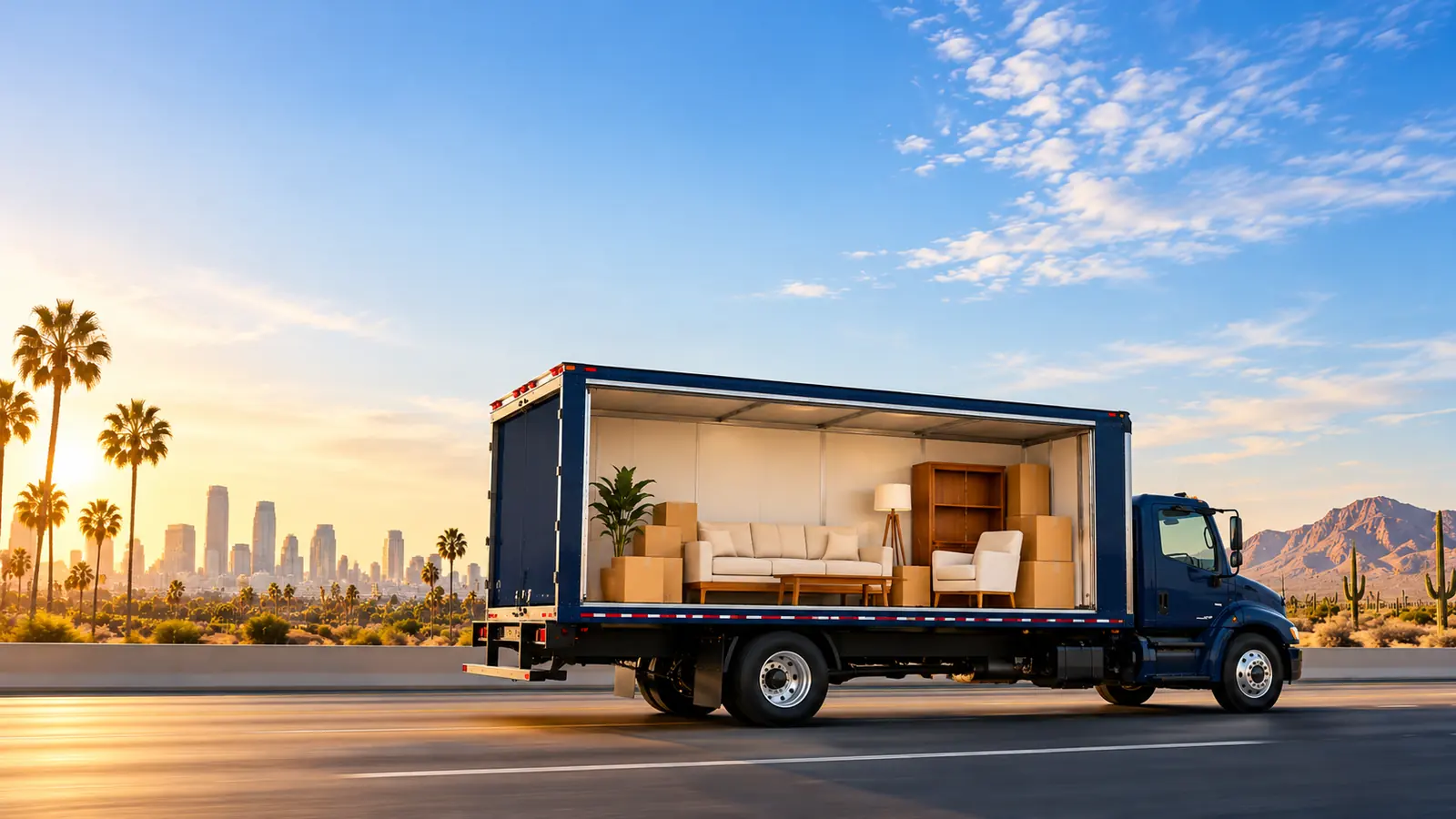 Navy moving box truck driving toward the desert with the Southern California skyline behind it